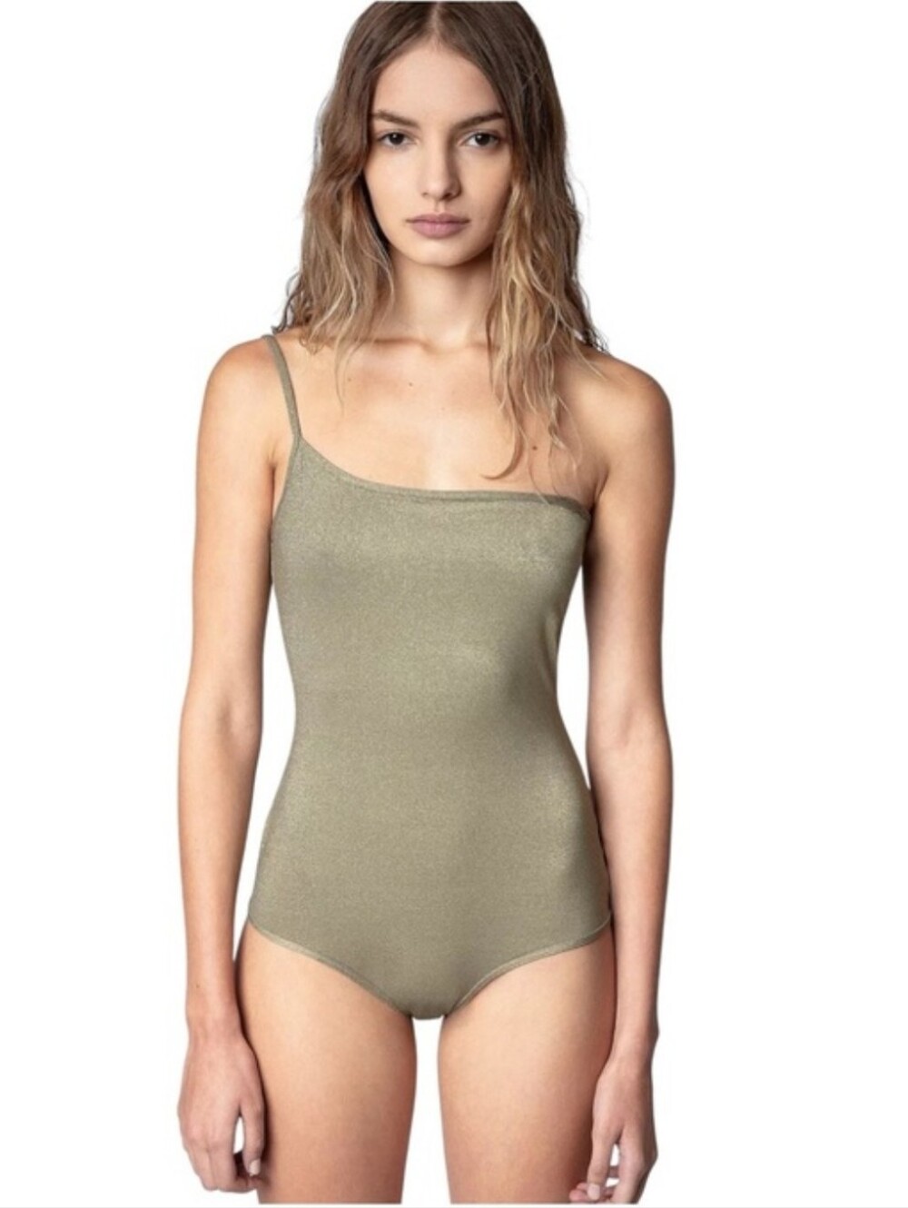 Zadig & Voltaire Olive Gold One-Shoulder Shimmer One-Piece Swim Suit